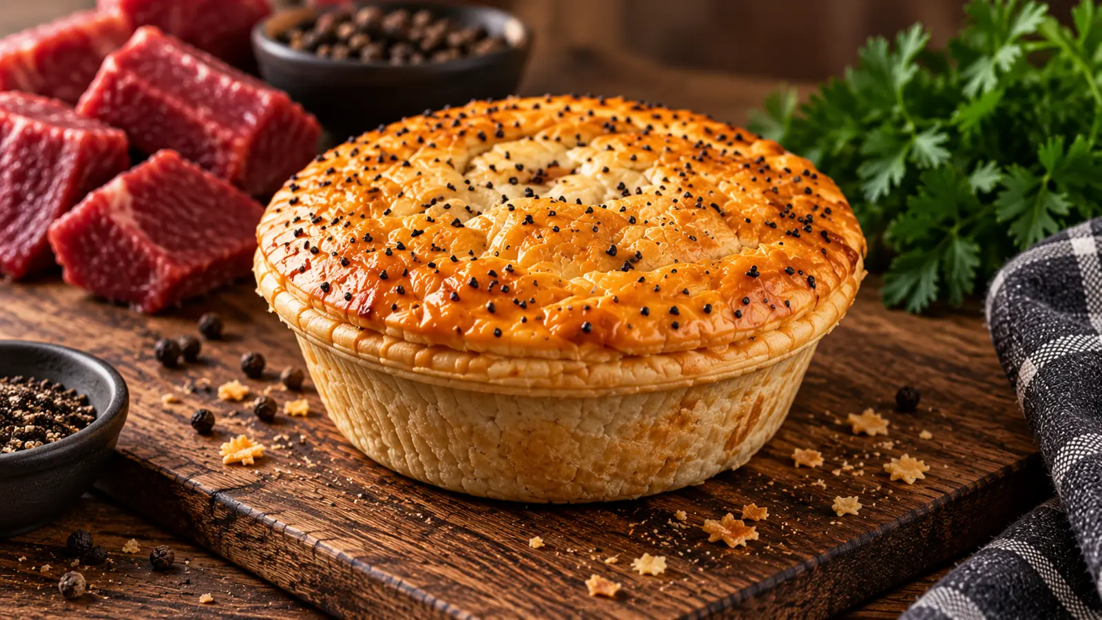 Golden pepper steak pie on a timber board