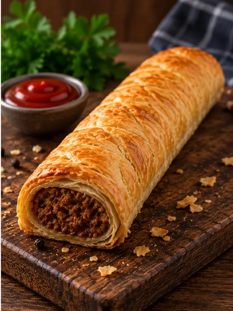 Golden sausage roll on a timber board